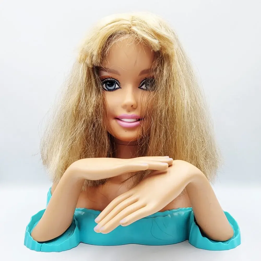 Vtg 1998 2002 Mattel Barbie Primp & Polish Styling Head Blonde Hair Aqua Base